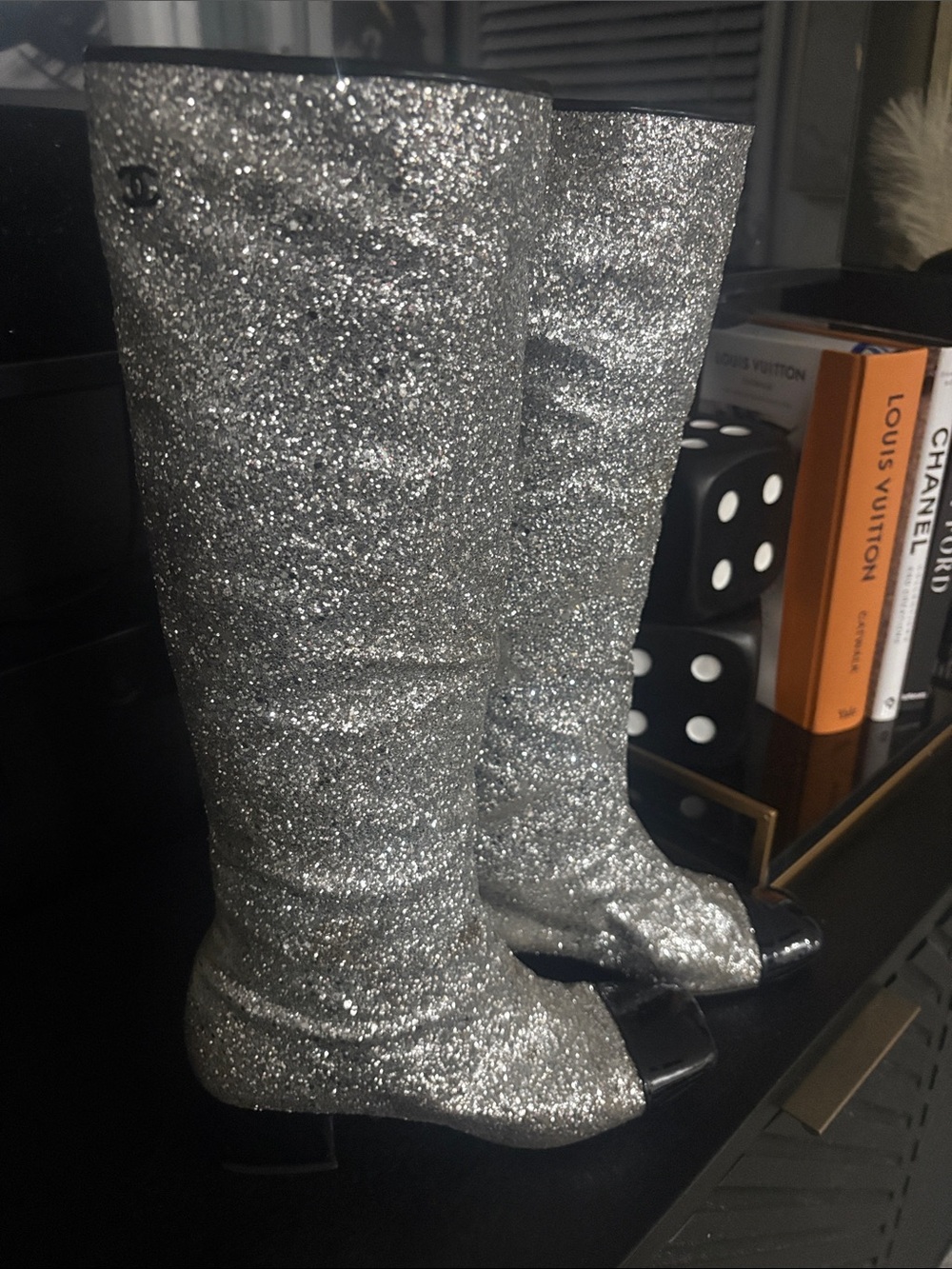 CHANEL AW 2017 Iconic Silver Glitter Black Patent Leather Boot